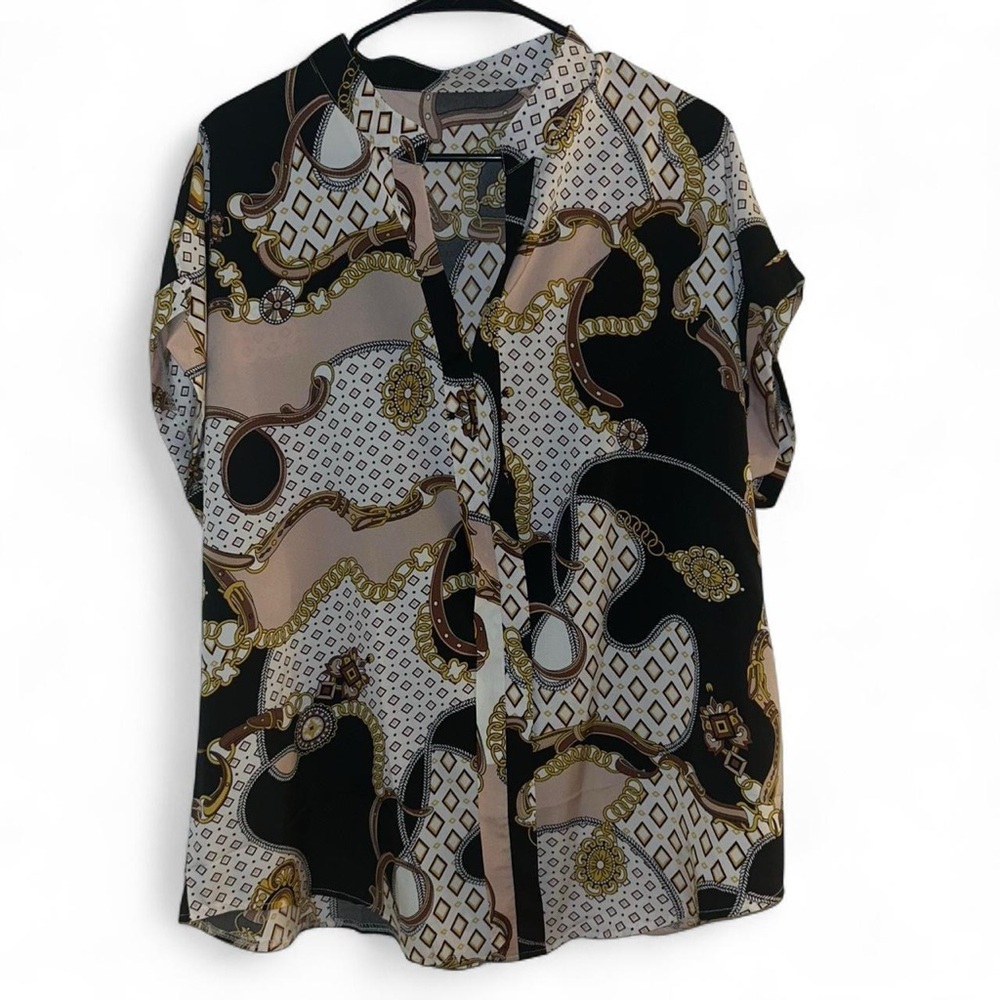 Super Cute Short Sleeve Button Down Silky Graphic Design SHEIN CURVE Blouse 1XL